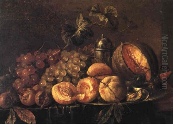 Still Life With Fruit, Salt And A Plate On A Draped Table Oil Painting by Cornelis De Heem