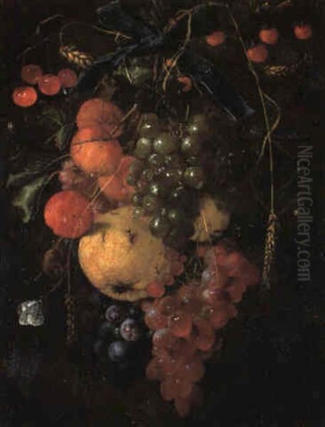 A Swag Of Fruit Tied With A Blue Ribbon, With Insects On The Fruit Oil Painting by Cornelis De Heem