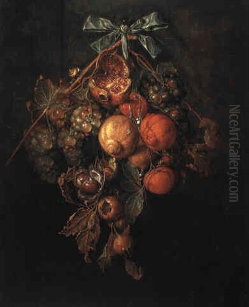 Trophee De Fruits Retenus Par Un Ruban Bleu Oil Painting by Cornelis De Heem