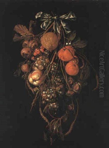 Grapes, Oranges And Other Fruit Suspended From A Nail Tied With Ribbon Oil Painting by Cornelis De Heem