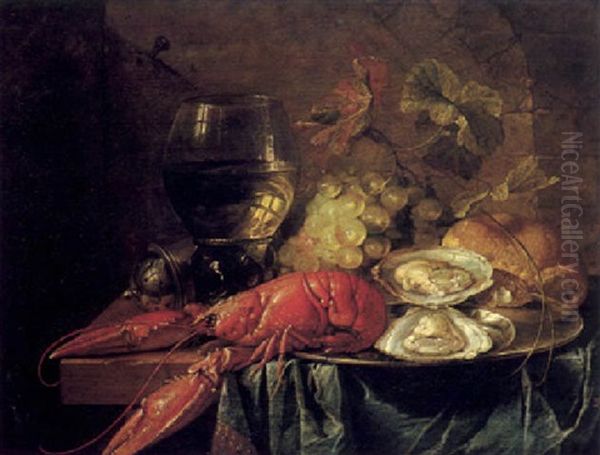 Still Life Of A Crayfish With Oysters On A Silver Dish With A Roemer, Saltcellar, Grapes And Bread Oil Painting by Cornelis De Heem