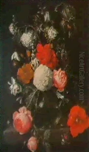 Bouquet De Fleur Dans Un Vase En Verre Pose Sur Un          Entablement Oil Painting by Cornelis De Heem