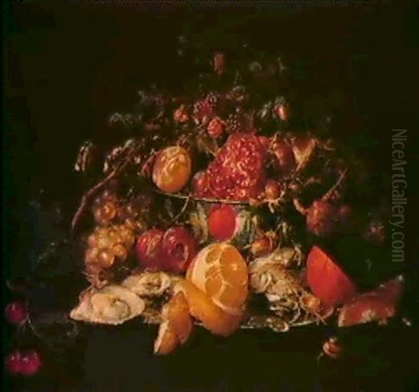 Still Life Of Fruit In A Wan-li Porcelain Bowl Flanked By   Oysters And Other Shellfish, A Peeled Lemon, An Orange... Oil Painting by Cornelis De Heem