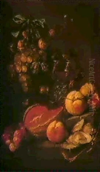 A Still Life Of Fruit, Oysters And Glasses Of Wine Arranged On A Ledge With Grapes Suspended From A Nail Oil Painting by Cornelis De Heem