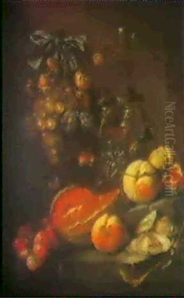 A Still Life Of Fruit, Oysters And Glasses Of Wine Arranged On A Ledge With Grapes Hanging From A Bow Oil Painting by Cornelis De Heem