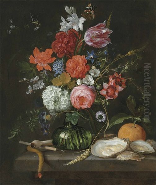 A Tulip, Roses, Apple Blossoms, Cornflowers And Other Flowers In A Glass Vase On A Stone Ledge, With A Pipe, Taper, Oysters And An Orange, With A Butterfly Oil Painting by Jan Davidsz De Heem