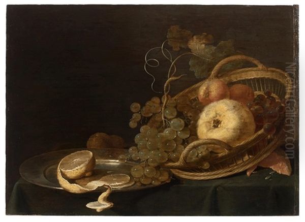 Panier De Fruits Et Citron Sur Un Entablement Oil Painting by Jan Davidsz De Heem