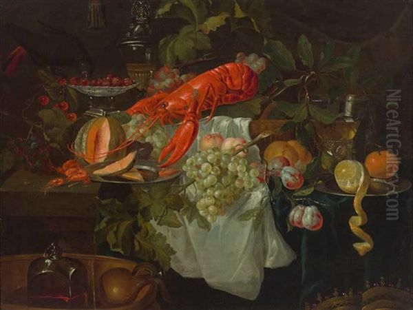 Stilleben Mit Hummer, Fruchten, Pokal, Schalen, Flaschen Und Malerisch Drapiertem Tuch Oil Painting by Jan Davidsz De Heem