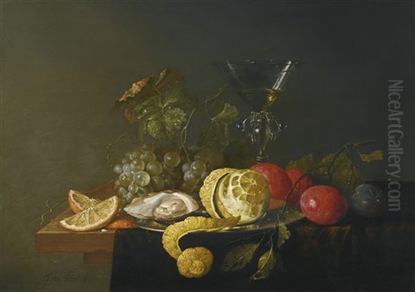 Still Life With A Peeled Lemon, Oyster And A Silver Plate With Grapes, Plums And A Facon-de-venise Glass Filled With White Wine, All On A Wooden Table Partially Draped With A Green Cloth Oil Painting by Jan Davidsz De Heem