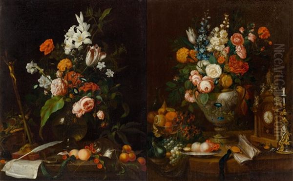 Pair Of Works: Floral Still-lifes With Vanitas Elements Oil Painting by Jan Davidsz De Heem