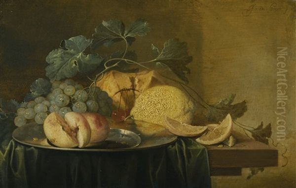 Still Life With A Whole And A Halved Peach On A Pewter Plate, Together With Grapes, Lemons And Cherries, All On A Table Draped With A Green Cloth Oil Painting by Jan Davidsz De Heem