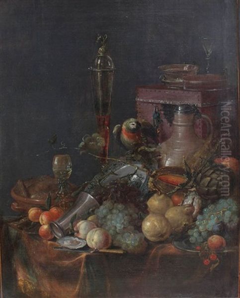 Large Fruit Still Life On A Draped Table With Ceramaic, Glasses And Silver Objects, A Knife And A Red Velvet Casket By A Roemer Glass, On Bronze Stand A Parrot, In Front Of Dark Background Oil Painting by Jan Davidsz De Heem