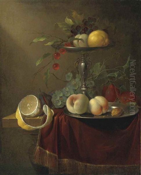 Grapes, Cherries, A Peach And A Lemon On A Silver Tazza , With Peaches On A Pewter Plate Oil Painting by Jan Davidsz De Heem