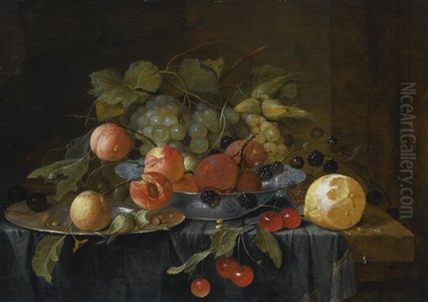 Still Life Of Fruit On A Pewter Plate And In A Wan-li Krak Porcelain Bowl, A Partially Peeled Lemon And A Sprig Of Cherries On A Table Draped With A Gold-hemmed Cloth Oil Painting by Jan Davidsz De Heem