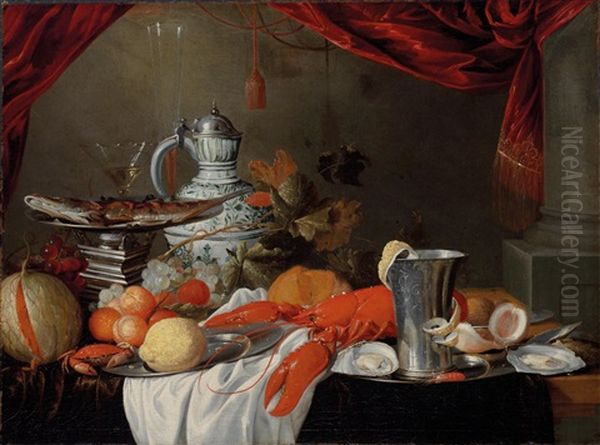 Still Life With A Lobster, A Faience Jug, A Silver Beaker, A Fish And Fruit Oil Painting by Jan Davidsz De Heem