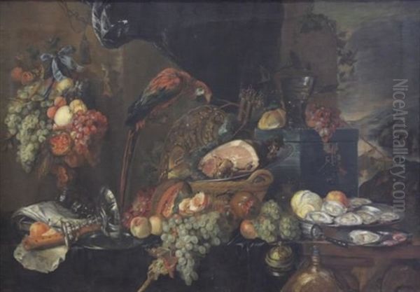 Sumptuous Still Life With Parrot Oil Painting by Jan Davidsz De Heem