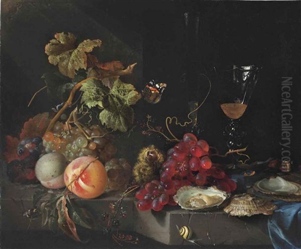 Grapes, Peaches, Blackberries, Scallops, Chestnuts, And Facon-de-venise Wine Glasses On A Partially Draped Stone Ledge With A Snail, A Butterfly, And A Bumblebee Oil Painting by Jan Davidsz De Heem