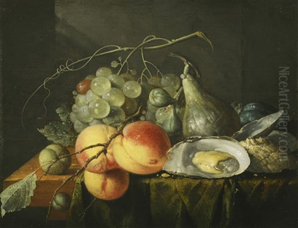 Still Life With Peaches, Figs, Plums, Grapes And Oysters Upon A Wooden Table Top by Jan Davidsz De Heem