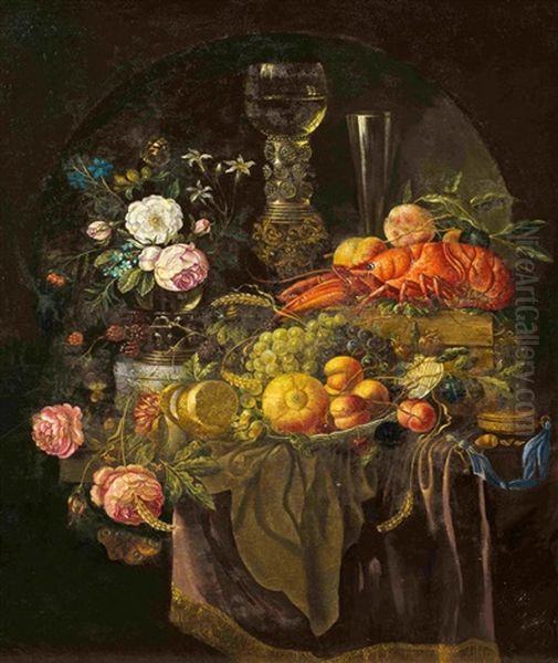 Stillleben Mit Hummer, Romerglas, Fruchten Und Blumen Oil Painting by Jan Davidsz De Heem