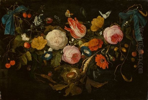 A Garland Of Flowers, Fruit And Nuts, Attached To Nails By Blue Ribbons by Jan Davidsz De Heem