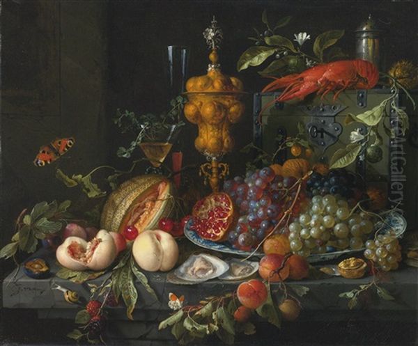 Still Life Of Fruits, Nuts, Oysters, A Lobster, Insects And A Snail On A Ledge With Various Vessels Oil Painting by Jan Davidsz De Heem