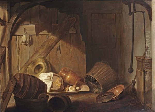 A Barn Interior With Baskets, Barrels, Pottery, A Pump To The Right And A Bundle Of Dried Laice Hanging On A Wall Partition To The Left Oil Painting by Jan Davidsz De Heem