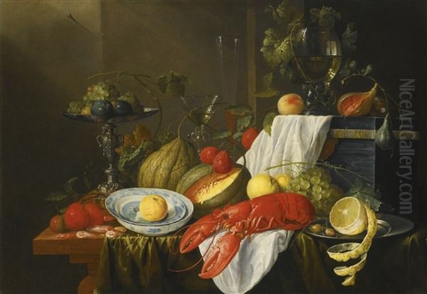 Still-life With A Lobster, Fruit And Blue And White Kraak Dishes Oil Painting by Jan Davidsz De Heem