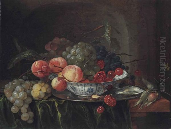 Grapes And Apples In A Wan-li Dish With Oysters On A Stone Ledge Oil Painting by Jan Davidsz De Heem