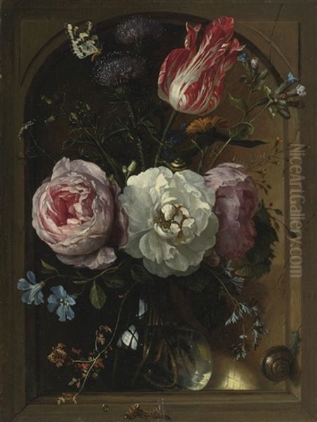 A Glass Vase Of Flowers Including Roses, A Tulip, And Thistles With Snails, A Butterfly, And A Caterpillar Oil Painting by Jan Davidsz De Heem