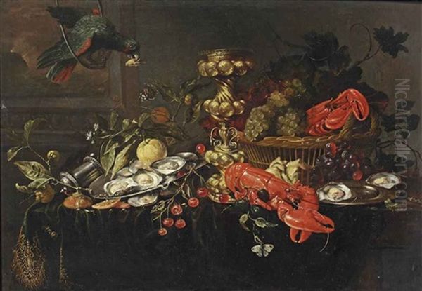 A Lobster, Oysters On A Pewter Dish, Cherries, Oranges And Grapes In A Wicker Basket, Butterflies And A Bird Hanging Over A Fully Draped Table Oil Painting by Jan Davidsz De Heem