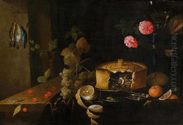 Stillleben Mit Pasteten, Obst Und Blumen Auf Einer Tischplatte Oil Painting by Jan Davidsz De Heem