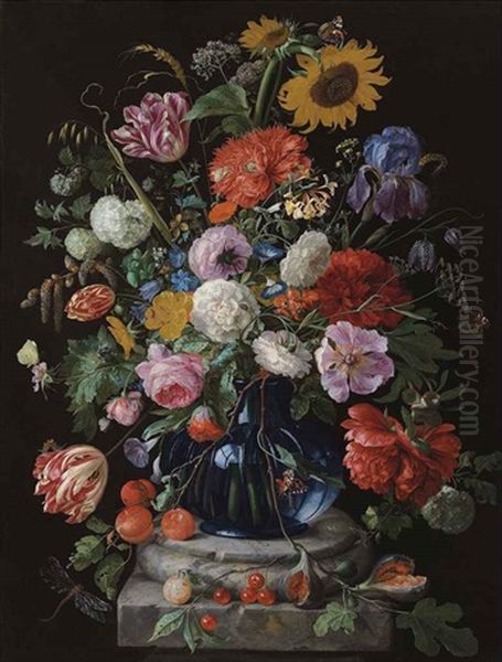 Tulips, A Sunflower, An Iris, Anemone, Hydrangeas, Honeysuckle, Willow Catkins, Carnations And Other Flowers In A Glass Vase On A Marble Pediment Oil Painting by Jan Davidsz De Heem