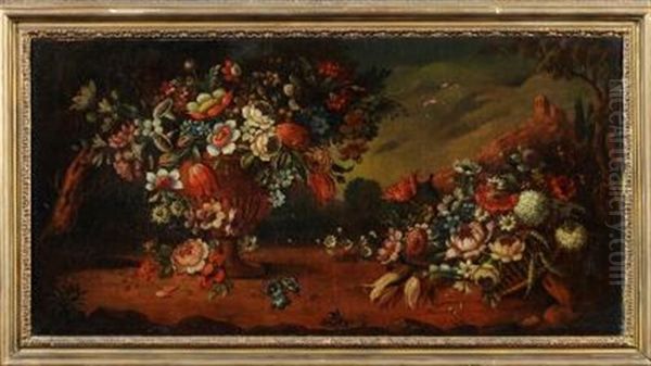 Still Life, An Urn Of Summer Flowers Alongside A Basket Of Summer Flowers, Set In A Landscape With A Castle Ruin Beyond by Jan Davidsz De Heem