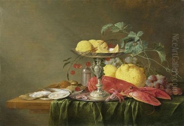 Stillleben Mit Silbertazza, Hummer, Obst Und Austern Oil Painting by Jan Davidsz De Heem