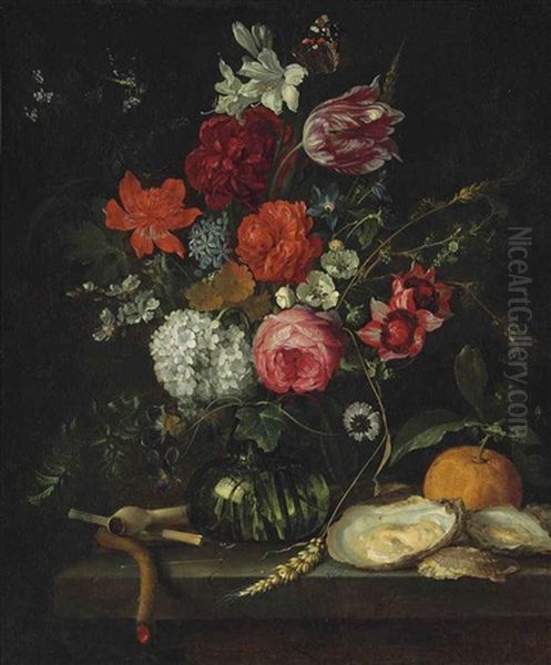 A Tulip, Roses, Apple Blossoms, Cornflowers And Other Flowers In A Glass Vase On A Stone Ledge, With A Pipe, Taper, Oysters And An Orange... Oil Painting by Jan Davidsz De Heem