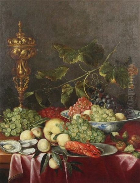 Still Life Of Fruit, A Lobster, Oysters And A Goblet Upon Table Top Oil Painting by Jan Davidsz De Heem