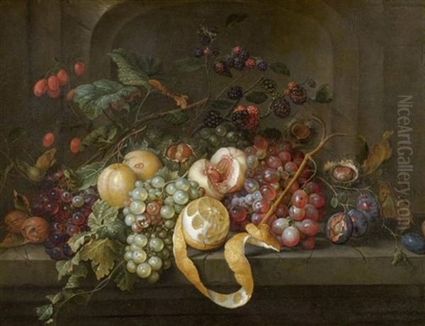 De Fruchtestillleben Mit Nussen Auf Einem Steintisch Oil Painting by Jan Davidsz De Heem