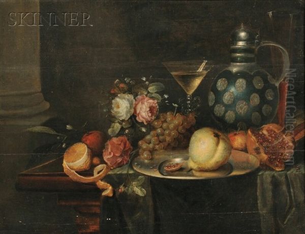 Still Life With Flowers, Fruit, And Wine Oil Painting by Jan Davidsz De Heem