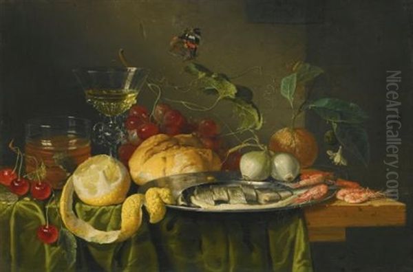 A Still Life Of A Glass Of Wine With Grapes, Bread, A Glass Of Beer, A Peeled Lemon, Fruit, Onions And A Herring On A Dish Upon A Table Draped With A Green Cloth Oil Painting by Jan Davidsz De Heem