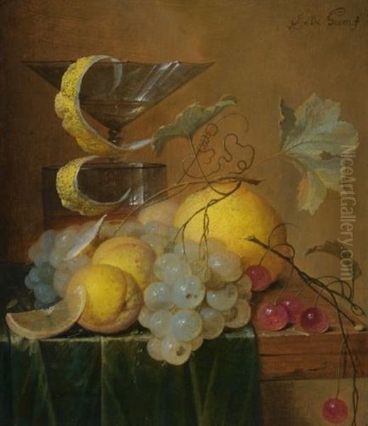 Still Life With A Wine Glass, Lemon Peel, Peaches, Grapes And Cherries On The Corner Of A Partly Draped Wooden Table Oil Painting by Jan Davidsz De Heem