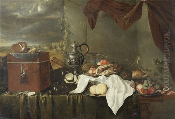 A Still Life Of Shells On A Velvet Covered Box, Beside Oysters, A Silver Ewer, Glasses, Bottles, A White Cloth And Silver Dishes Of Meat And Fruit On A Table Draped With A Green Cloth, Beneath A Mauve Curtain Oil Painting by Jan Davidsz De Heem