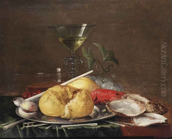 A Facon-de-venise Wine Glass, A Glass Of Beer, Cherries, A Bread Roll, An Apricot, A Clay Pipe And A Crayfish On A Pewter Plate, With Grapes, Oysters And Kindling On A Partially Draped Wooden Table Oil Painting by Jan Davidsz De Heem