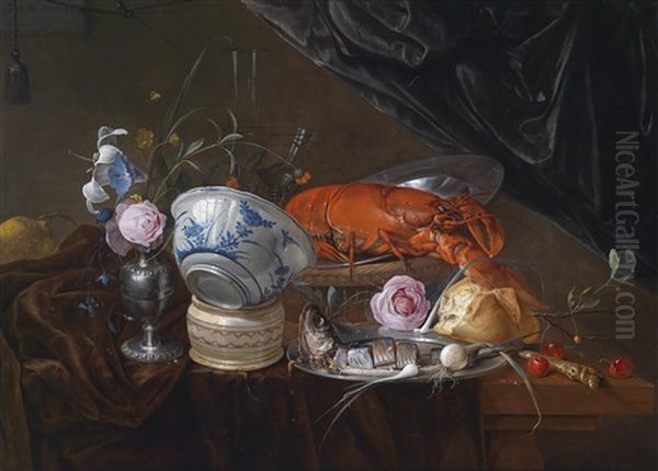 Stillleben Mit Blumen, Einem Fisch, Einem Gekochten Hummer Und Einer Fayenceschale Oil Painting by Jan Davidsz De Heem