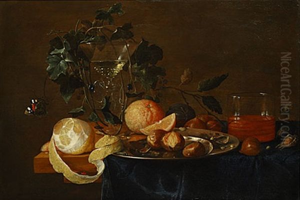 Stilleven Met Een Geschilde Citroen, Venetiaans Wijnglas, Een Tinnen Schaal, Noten En Vlinder Oil Painting by Jan Davidsz De Heem