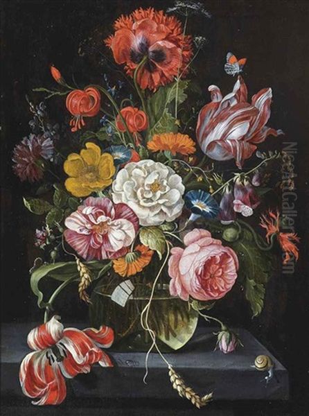 A Rose, Parrot Tulips, Morning Glory, Foxglove And Other Flowers In A Glass Vase On A Stone Ledge, With A Snail And A Butterfly Oil Painting by Jan Davidsz De Heem