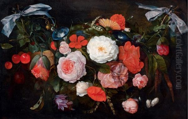 Guirlande De Roses, Belle De Jour, Pavots Et Autres Fleurs Avec Des Cerises Et Du Froment (collab W/studio) Oil Painting by Jan Davidsz De Heem