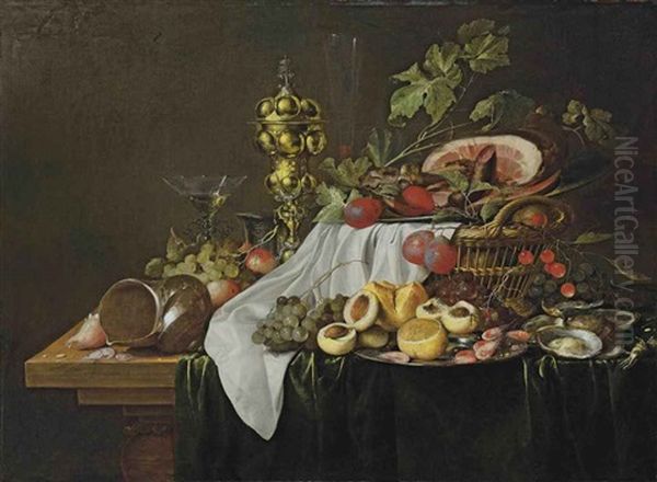 Shells, Shrimps, Peaches, A Facon-de-venise Wine Glass, A Pewter Tankard, A Silver-gilt Cup And Cover, Shrimps, Nectarines And A Lemon On A Pewter Plate... Oil Painting by Jan Davidsz De Heem