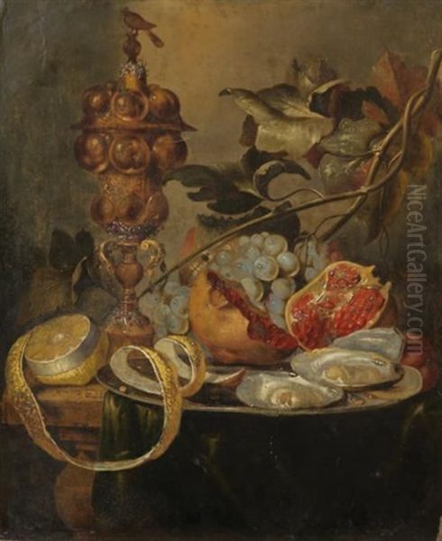 Nature Morte Avec Des Fruits, Des Huitres Et Un Verre Sur Une Table Drapee Oil Painting by Jan Davidsz De Heem