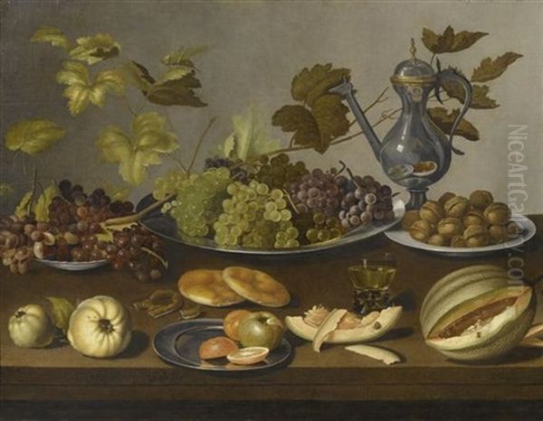 Grosses Stilleben Mit Weintrauben, Walnussen, Apfeln, Orangen, Brot Und Melone Auf Porzellan- Und Zinntellern Auf Einer Tischplatte Oil Painting by Jan Davidsz De Heem