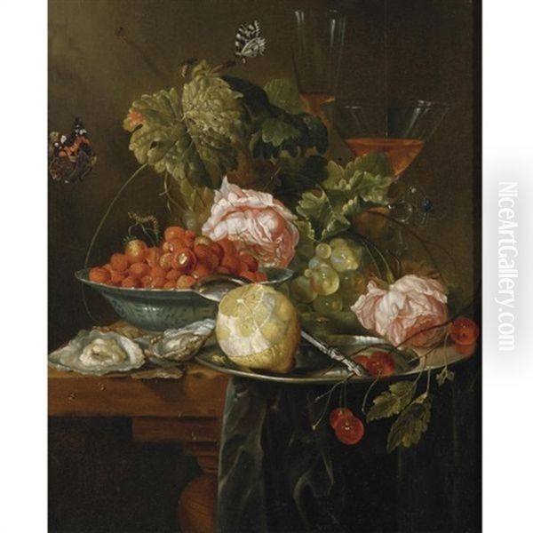 Still Life Of Strawberries, Oysters And A Peeled Lemon Oil Painting by Jan Davidsz De Heem